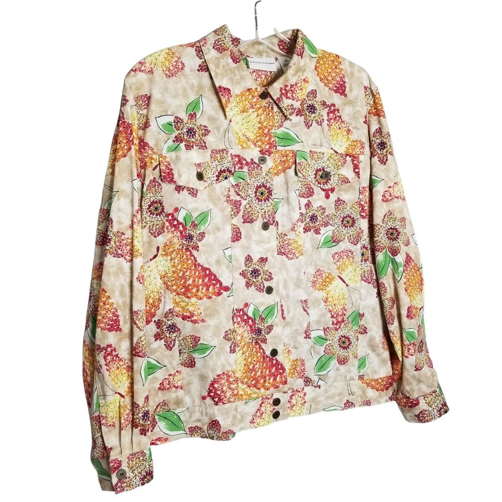 Alfred Dunner Size 12 Jacket Lightweight Denim Butterfly Floral Cotton Pockets